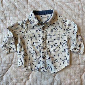 Gymboree Flannel Off White & Navy Camping Print Button Down Collared Shirt